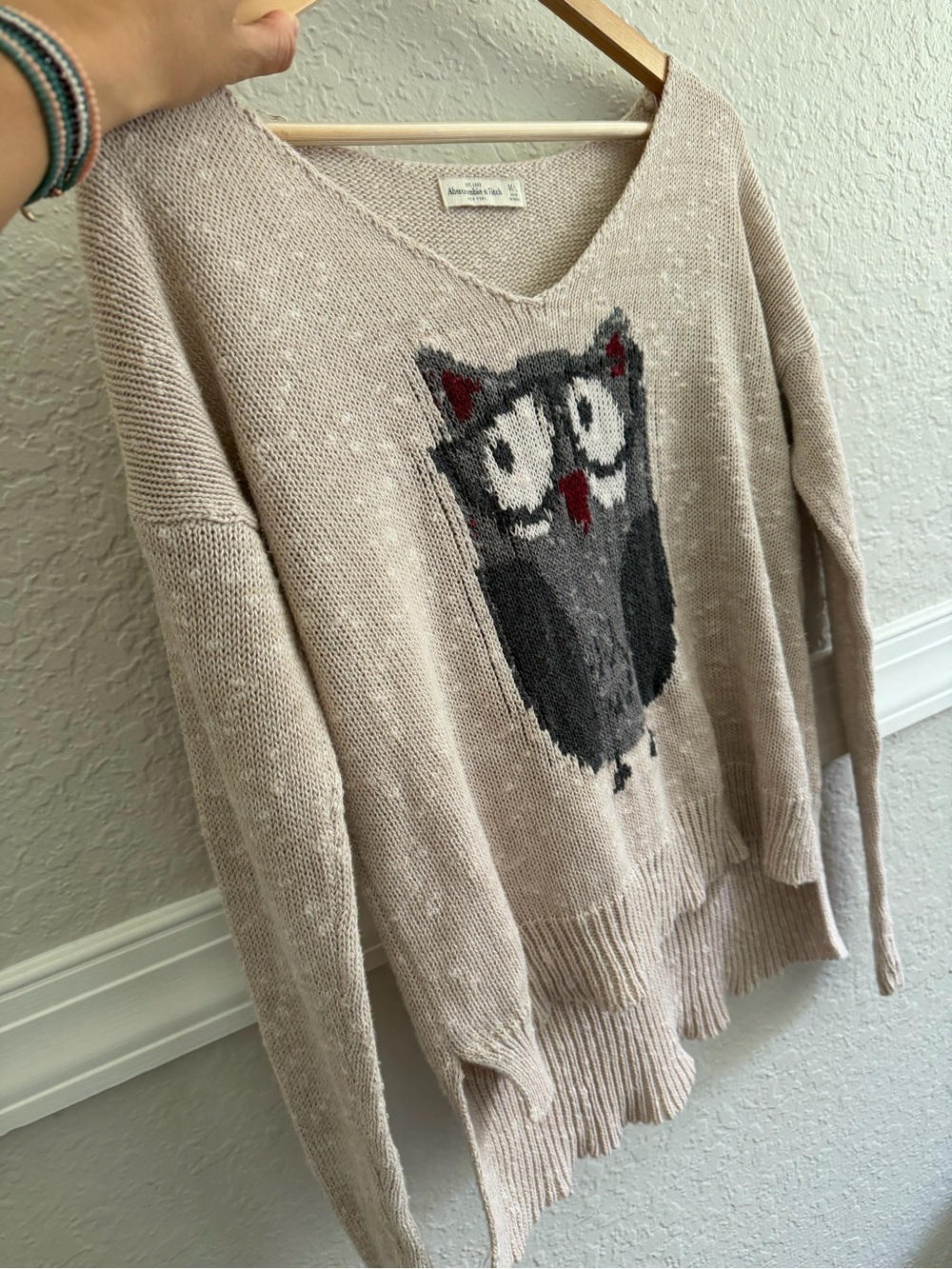 Abercrombie & Fitch Owl Sweater Size M/L Lightweight Knit V-Neck - Picture 4 of 7